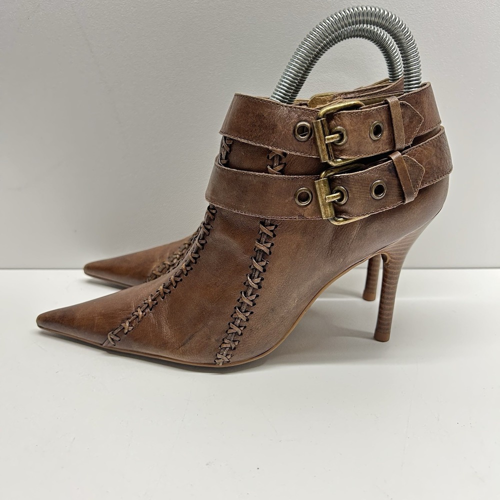Carlos Santana Borderline Brown Leather Ankle Booties Heels Whipstitch Womens 7M - Picture 3 of 12